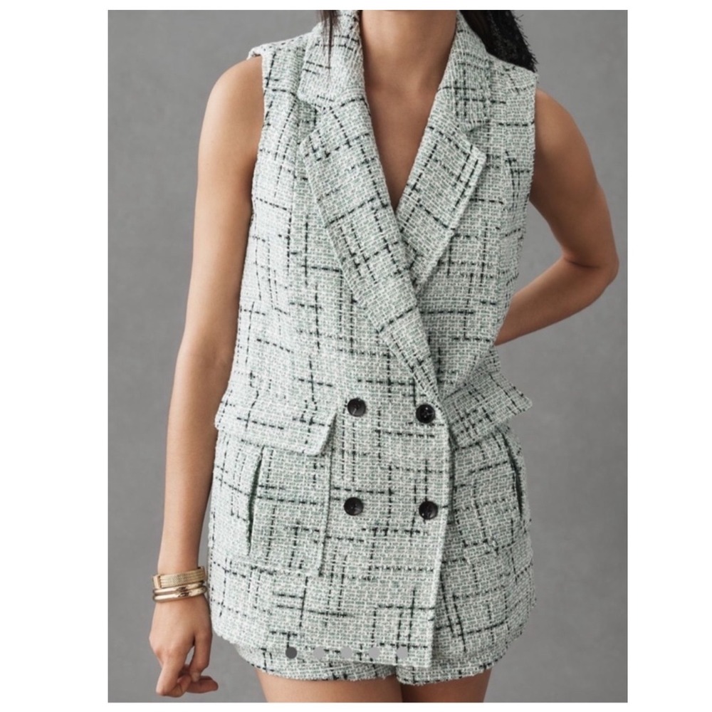 Maeve by Anthropologie Double Breasted Tweed Vest Cream Black Grid Petite 4P